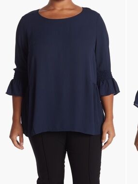 Pleione Navy Smocked-Sleeve Blouse